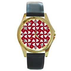 Graphic Heart Pattern Red White Round Gold Metal Watch by Pakrebo