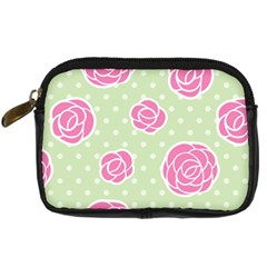 Roses Flowers Pink And Pastel Lime Green Pattern With Retro Dots Digital Camera Leather Case by genx