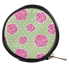 Roses Flowers Pink And Pastel Lime Green Pattern With Retro Dots Mini Makeup Bag by genx