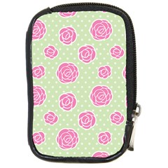 Roses Flowers Pink And Pastel Lime Green Pattern With Retro Dots Compact Camera Leather Case by genx