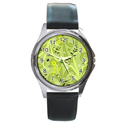 Seamless Pattern Green Garden Round Metal Watch