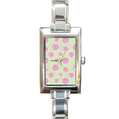 Roses Flowers Pink And Pastel Lime Green Pattern With Retro Dots Rectangle Italian Charm Watch by genx