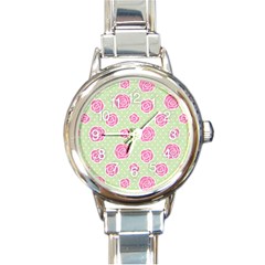 Roses Flowers Pink And Pastel Lime Green Pattern With Retro Dots Round Italian Charm Watch by genx