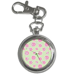 Roses Flowers Pink And Pastel Lime Green Pattern With Retro Dots Key Chain Watches by genx