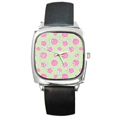 Roses Flowers Pink And Pastel Lime Green Pattern With Retro Dots Square Metal Watch by genx