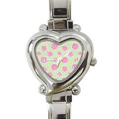 Roses Flowers Pink And Pastel Lime Green Pattern With Retro Dots Heart Italian Charm Watch by genx