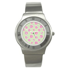 Roses Flowers Pink And Pastel Lime Green Pattern With Retro Dots Stainless Steel Watch by genx