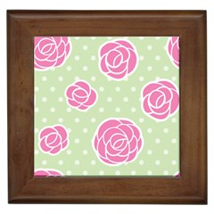 Roses flowers pink and pastel lime green pattern with retro dots Framed Tiles