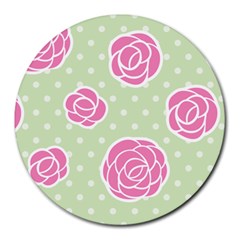 Roses flowers pink and pastel lime green pattern with retro dots Round Mousepads