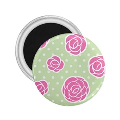 Roses flowers pink and pastel lime green pattern with retro dots 2.25  Magnets
