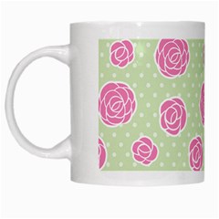 Roses Flowers Pink And Pastel Lime Green Pattern With Retro Dots White Mugs by genx