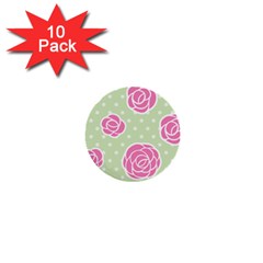 Roses flowers pink and pastel lime green pattern with retro dots 1  Mini Buttons (10 pack) 