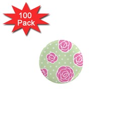 Roses flowers pink and pastel lime green pattern with retro dots 1  Mini Magnets (100 pack) 