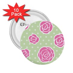 Roses flowers pink and pastel lime green pattern with retro dots 2.25  Buttons (10 pack) 