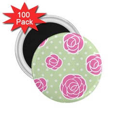 Roses flowers pink and pastel lime green pattern with retro dots 2.25  Magnets (100 pack) 