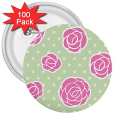 Roses flowers pink and pastel lime green pattern with retro dots 3  Buttons (100 pack) 