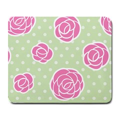 Roses flowers pink and pastel lime green pattern with retro dots Large Mousepads