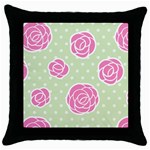 Roses flowers pink and pastel lime green pattern with retro dots Throw Pillow Case (Black) Front