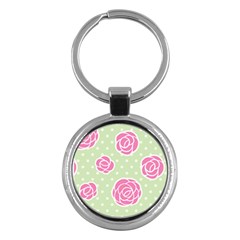 Roses Flowers Pink And Pastel Lime Green Pattern With Retro Dots Key Chains (round)  by genx