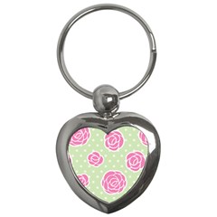 Roses flowers pink and pastel lime green pattern with retro dots Key Chains (Heart) 