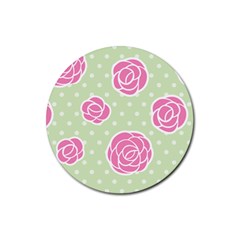 Roses flowers pink and pastel lime green pattern with retro dots Rubber Round Coaster (4 pack) 