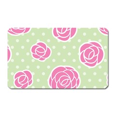 Roses Flowers Pink And Pastel Lime Green Pattern With Retro Dots Magnet (rectangular) by genx