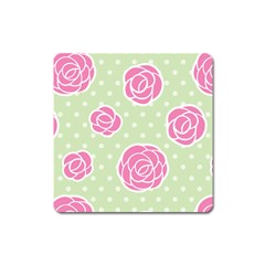 Roses flowers pink and pastel lime green pattern with retro dots Square Magnet