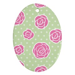 Roses flowers pink and pastel lime green pattern with retro dots Oval Ornament (Two Sides)