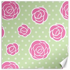 Roses flowers pink and pastel lime green pattern with retro dots Canvas 12  x 12 