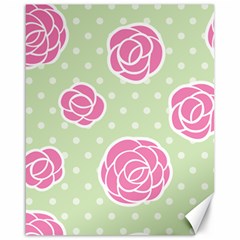 Roses flowers pink and pastel lime green pattern with retro dots Canvas 16  x 20 