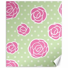 Roses flowers pink and pastel lime green pattern with retro dots Canvas 20  x 24 