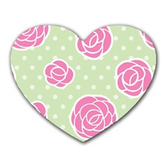Roses flowers pink and pastel lime green pattern with retro dots Heart Mousepads