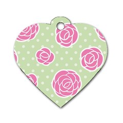 Roses flowers pink and pastel lime green pattern with retro dots Dog Tag Heart (Two Sides)