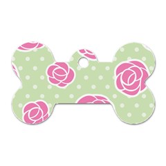 Roses flowers pink and pastel lime green pattern with retro dots Dog Tag Bone (Two Sides)