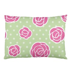 Roses Flowers Pink And Pastel Lime Green Pattern With Retro Dots Pillow Case by genx