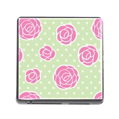 Roses Flowers Pink And Pastel Lime Green Pattern With Retro Dots Memory Card Reader (square 5 Slot) by genx