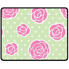 Roses flowers pink and pastel lime green pattern with retro dots Fleece Blanket (Medium) 