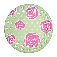 Roses flowers pink and pastel lime green pattern with retro dots Ornament (Round Filigree)