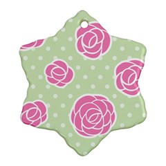 Roses Flowers Pink And Pastel Lime Green Pattern With Retro Dots Ornament (snowflake) by genx