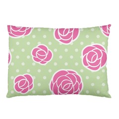 Roses Flowers Pink And Pastel Lime Green Pattern With Retro Dots Pillow Case (two Sides) by genx