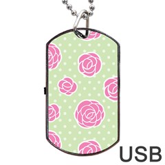Roses flowers pink and pastel lime green pattern with retro dots Dog Tag USB Flash (Two Sides)