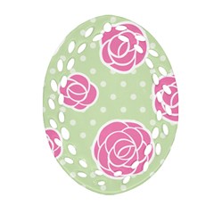 Roses flowers pink and pastel lime green pattern with retro dots Oval Filigree Ornament (Two Sides)