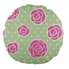 Roses Flowers Pink And Pastel Lime Green Pattern With Retro Dots Large 18  Premium Round Cushions by genx