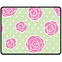 Roses flowers pink and pastel lime green pattern with retro dots Double Sided Fleece Blanket (Medium) 