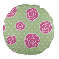 Roses flowers pink and pastel lime green pattern with retro dots Large 18  Premium Flano Round Cushions