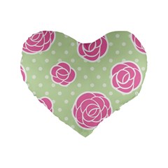 Roses Flowers Pink And Pastel Lime Green Pattern With Retro Dots Standard 16  Premium Flano Heart Shape Cushions by genx