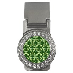 White Flowers Green Damask Money Clips (cz)  by Pakrebo