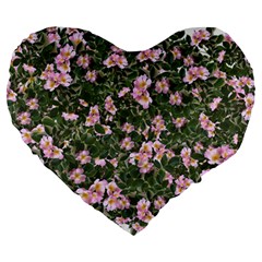 Pink Flowers Leaves Spring Garden Large 19  Premium Heart Shape Cushions by Pakrebo