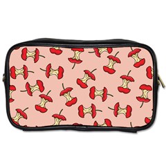 Red Apple Core Funny Retro Pattern Half Eaten On Pastel Orange Background Toiletries Bag (two Sides) by genx