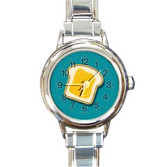 Toast With Cheese Funny Retro Pattern Turquoise Green Background Round Italian Charm Watch by genx